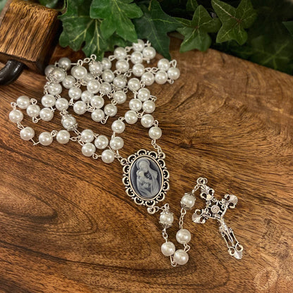 Madonna and Child Cameo Rosary with Pouch