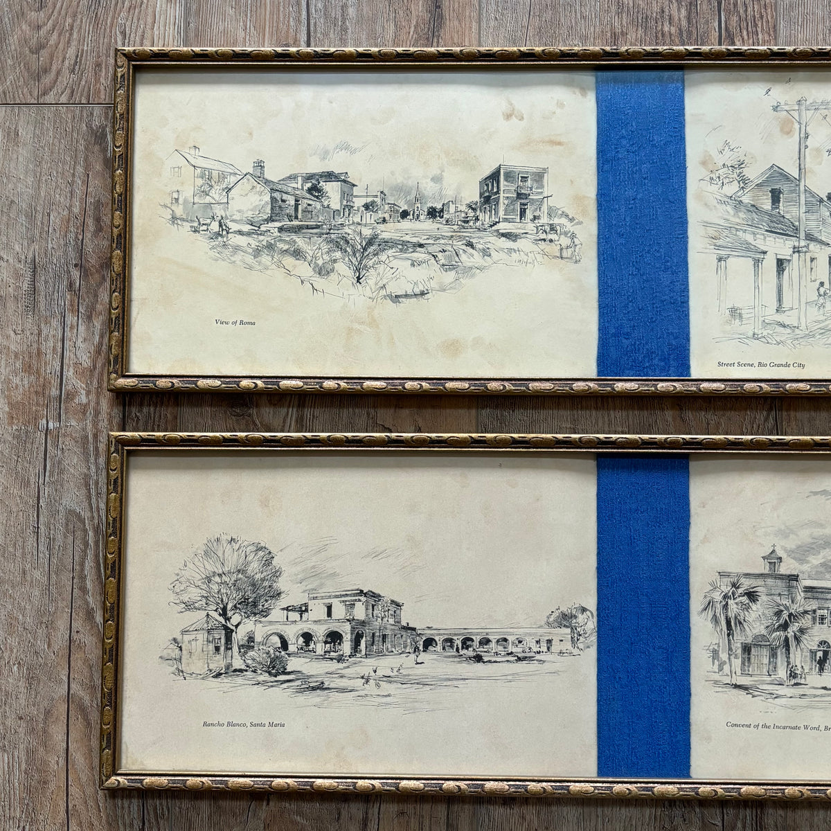 Pair of Framed Panoramic Prints Featuring Architectural Sketches of Historic Texas
