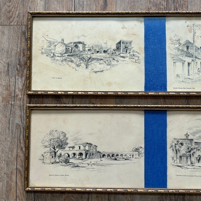 Pair of Framed Panoramic Prints Featuring Architectural Sketches of Historic Texas