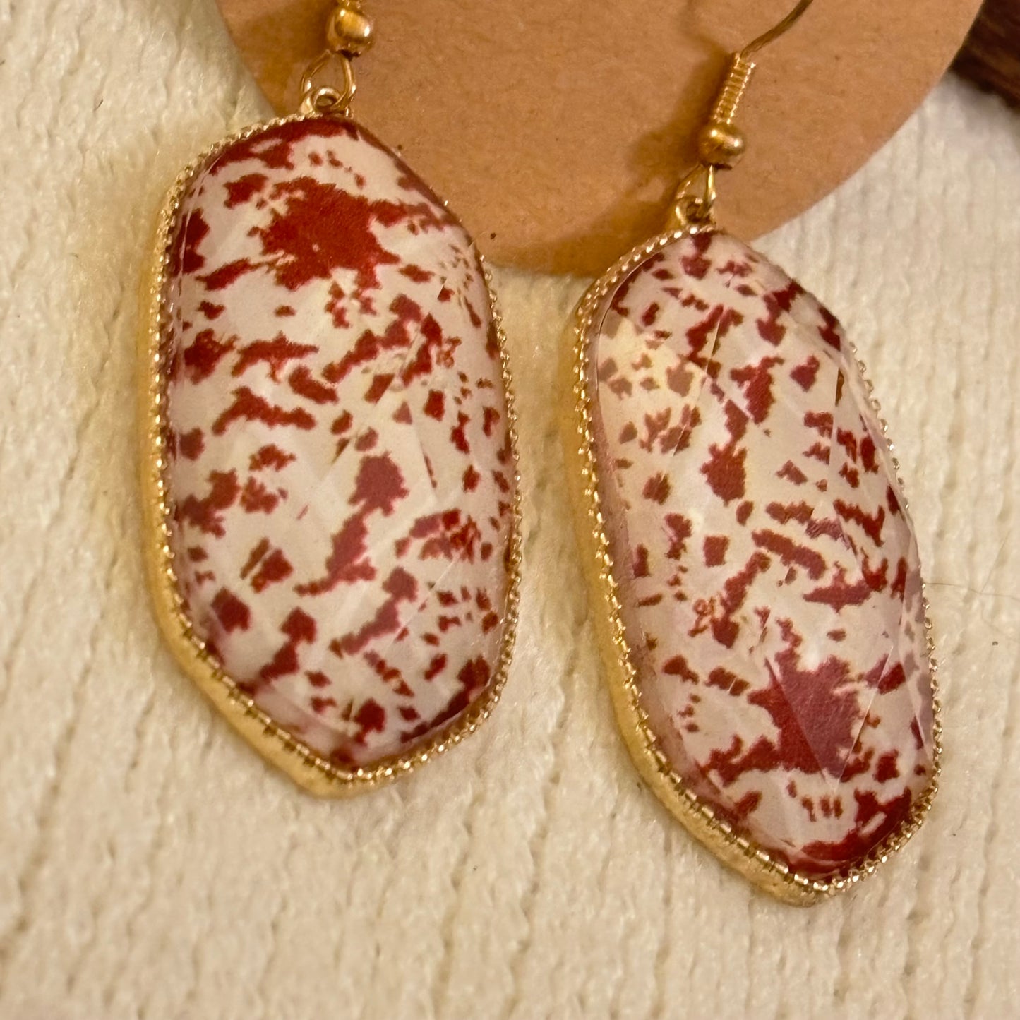 Brown Cow Print Acrylic Earrings on Gold Metal 2.5” long