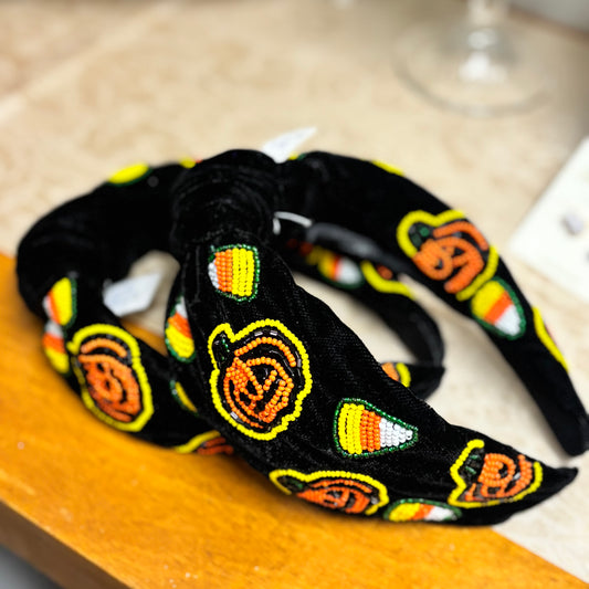 Halloween Headband Embellished with Seed Bead Candy Corn & Pumpkins