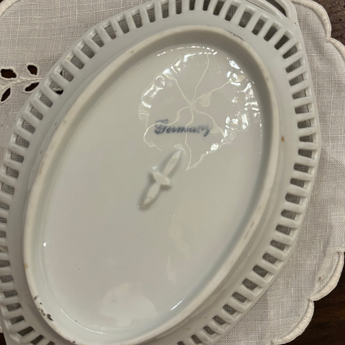 Vintage GERMAN 9.5" Oval Porcelain Basket Bowl Trellis with Reticulated Lace Rim