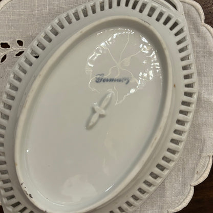 Vintage GERMAN 9.5" Oval Porcelain Basket Bowl Trellis with Reticulated Lace Rim