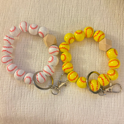 Baseball or Softball Chunky Wooden Bead Bangle Bracelet Key Ring