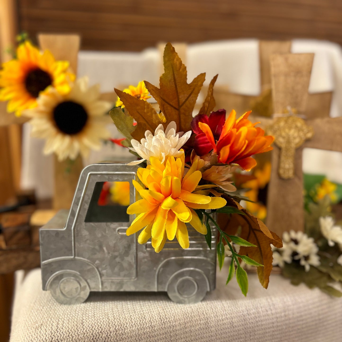 Fall Florals on Stained Wood Cross or Tin Truck with Fall Floral