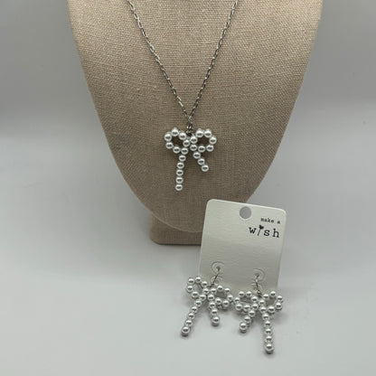 Chain Link Necklace Featuring Pearl Studded Bow Pendant or Earrings