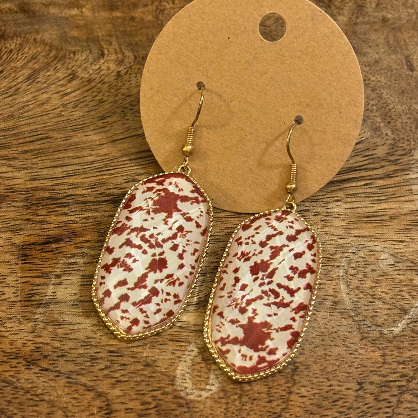 Brown Cow Print Acrylic Earrings on Gold Metal 2.5” long