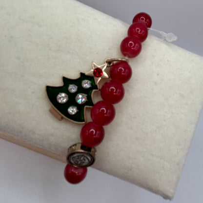 Jane Marie Kids Red Beaded Bracelet With Christmas Tree Dangle Charm