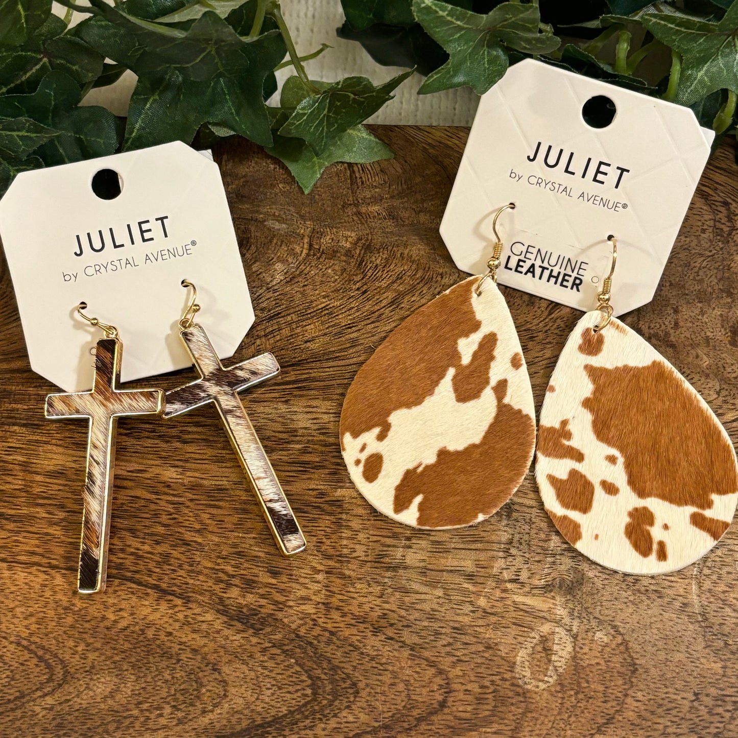 Brown Cow Print Leather Earrings on Gold Metal