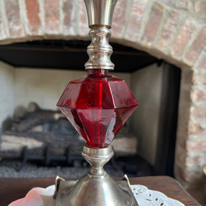 Hollywood Regency Style Candlestick Holder Featuring a Multi-faceted Ruby Red Glass (or lucite)