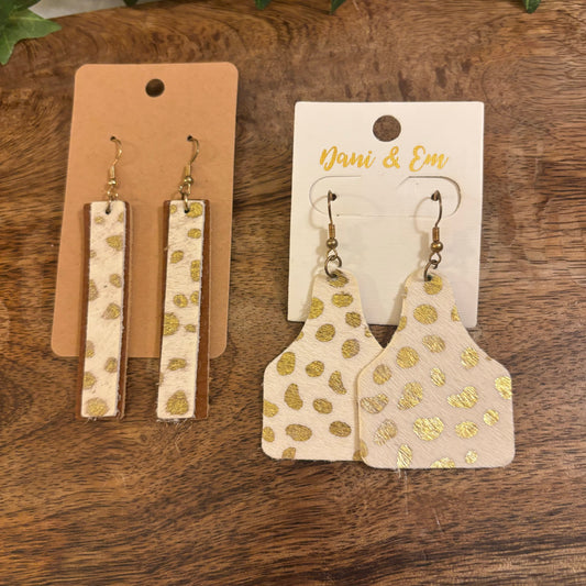 Gold Spot Print on White Leather Dangle Earrings