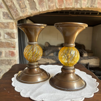 Pair of Brass and Amber Glass Pillar Candle Holders