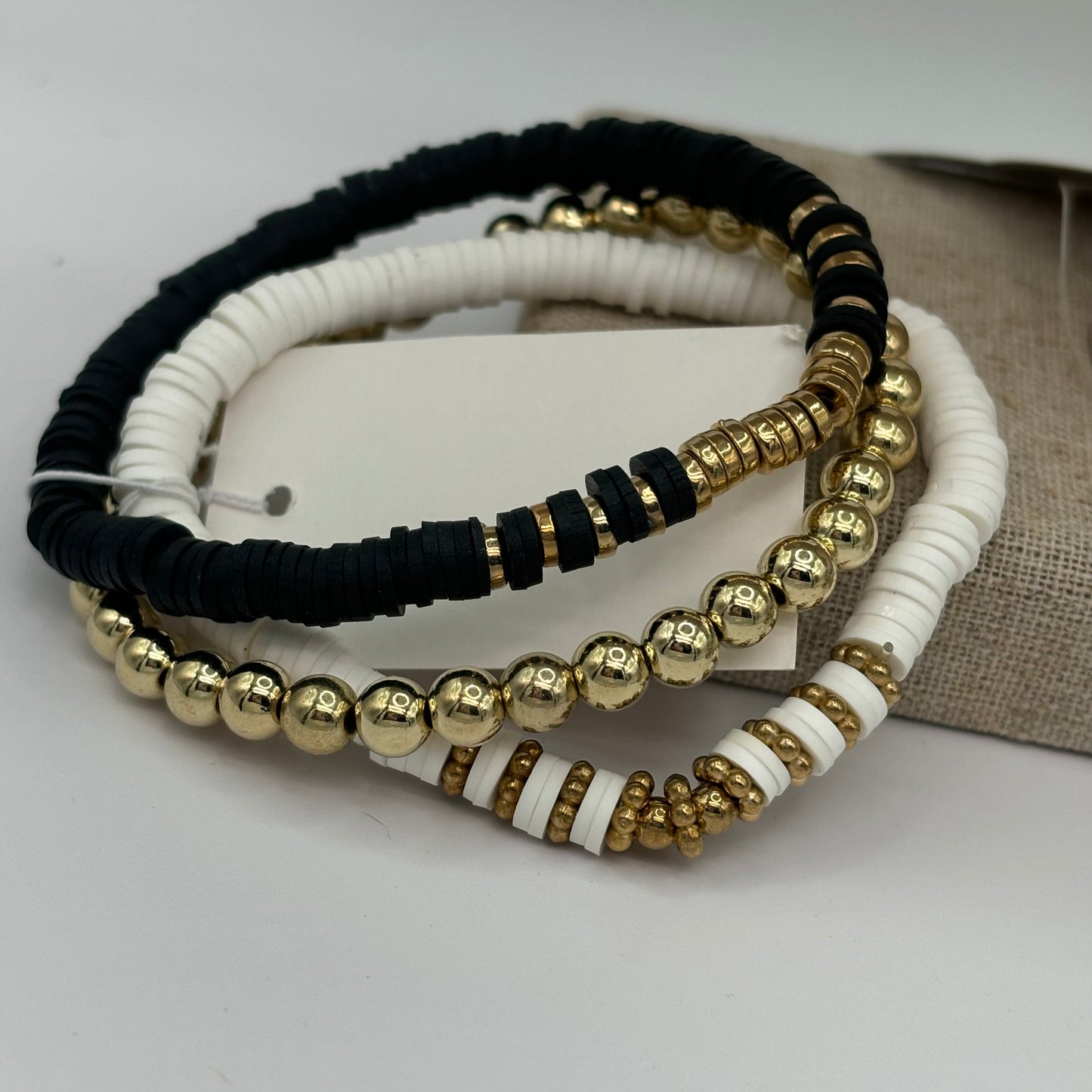 Black Multi Colored Heishi Bead With Gold Stretch Bracelet Set