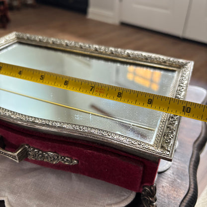Vintage Red Velvet Footed Hollywood Regency Style Vanity Dresser Jewelry Box