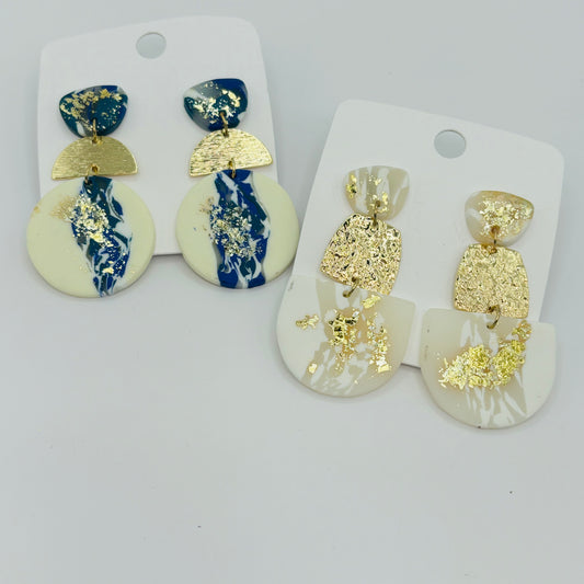 Polymer Clay Post Back Earrings in Navy and Gold or White Gold