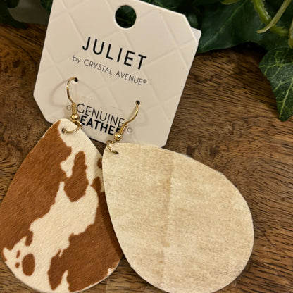 Brown Cow Print Leather Earrings on Gold Metal