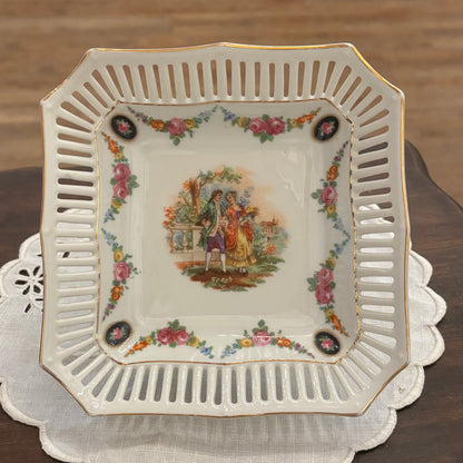Schumann Reticulated Square Candy Dish, Couple in Garden 7"