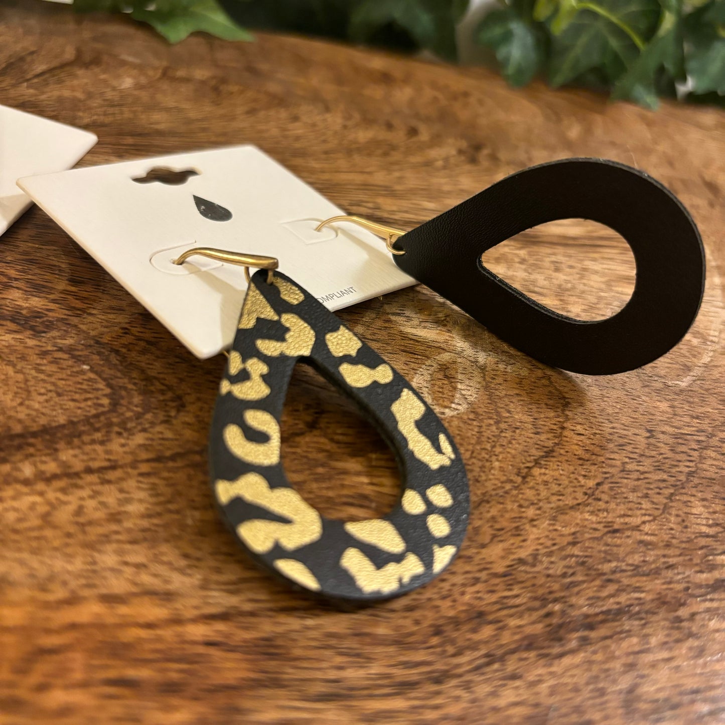 Brown and Gold or Black and Gold Leopard Print Teardrop Dangle Earrings