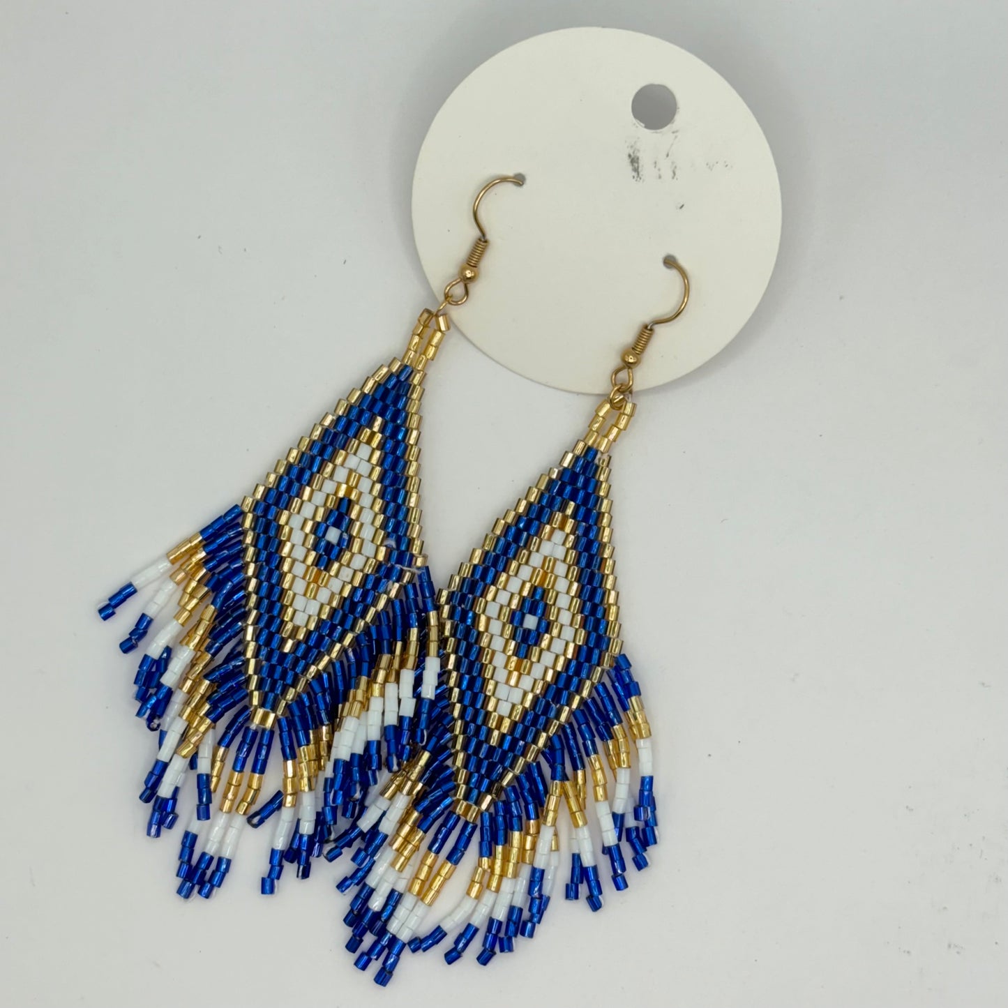 Blue & Gold Seed Bead Fringe Dangle Earrings