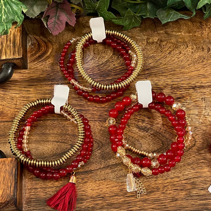 Red and Gold Accent Stretch Bracelet Set