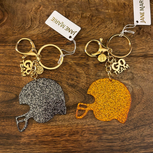 "GO TEAM" Charm and Navy or Gold Glitter Football Helmet Keychain