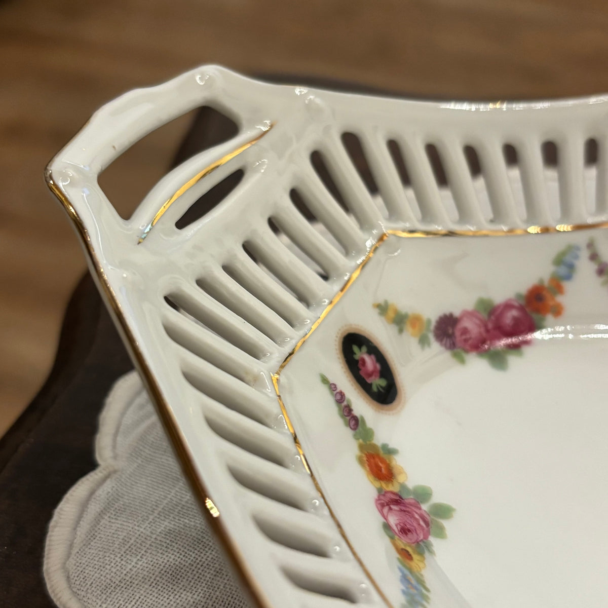 Vintage GERMAN 9.5" Oval Porcelain Basket Bowl Trellis with Reticulated Lace Rim