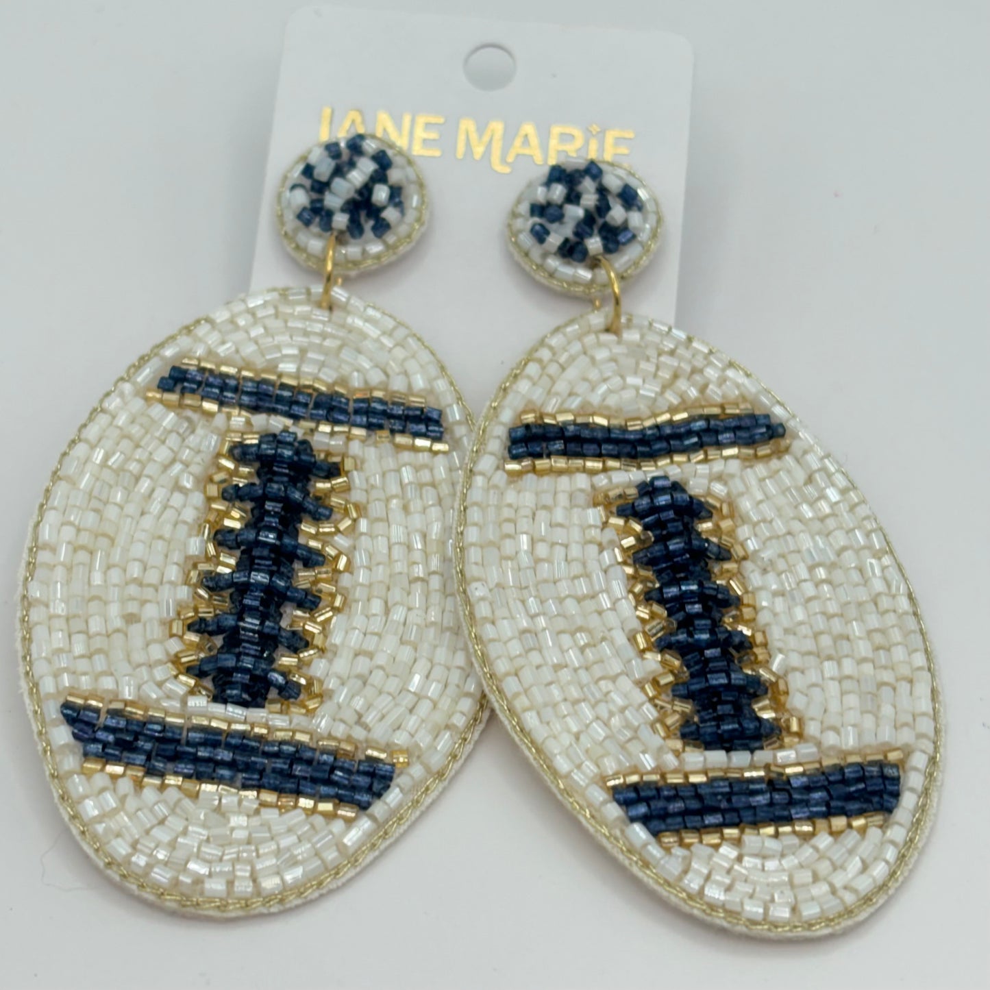 Navy and Ivory Football Earrings with Navy Ivory Gold Seed Bead