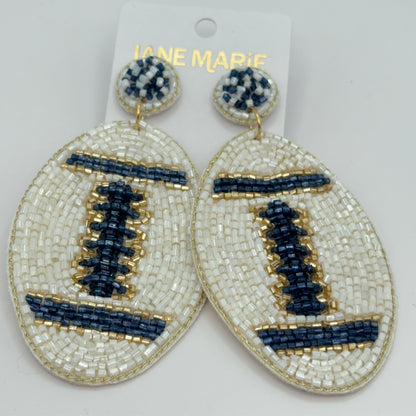 Navy and Ivory Football Earrings with Navy Ivory Gold Seed Bead