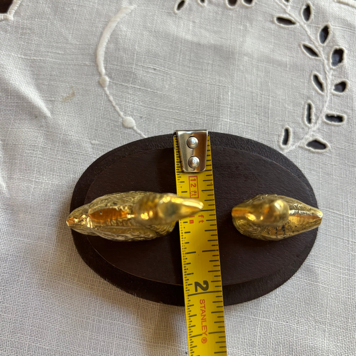 Small Brass Ducks on Wood Surface
