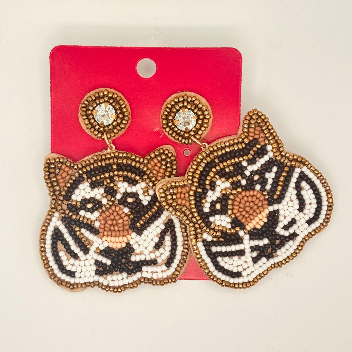 Tiger Face Seed Bead Statement Post Back Earrings