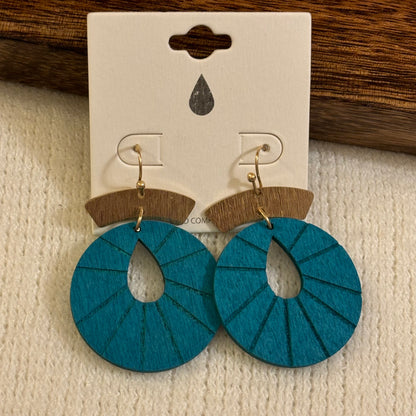 Teal Drop Cut Wood Drop Earrings