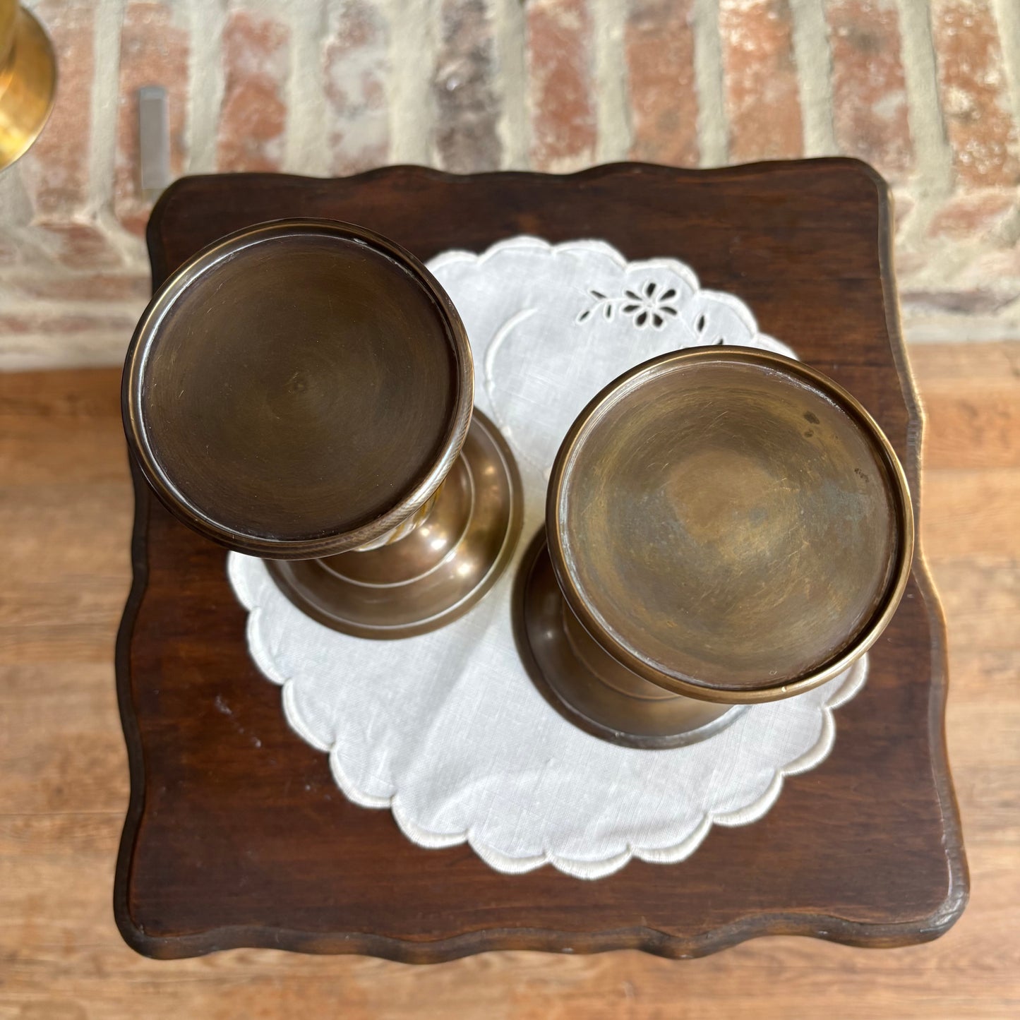 Pair of Brass and Amber Glass Pillar Candle Holders