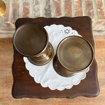 Pair of Brass and Amber Glass Pillar Candle Holders