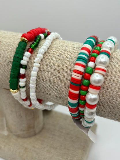 Christmas Heishi Bead and Pearl Bracelet Set