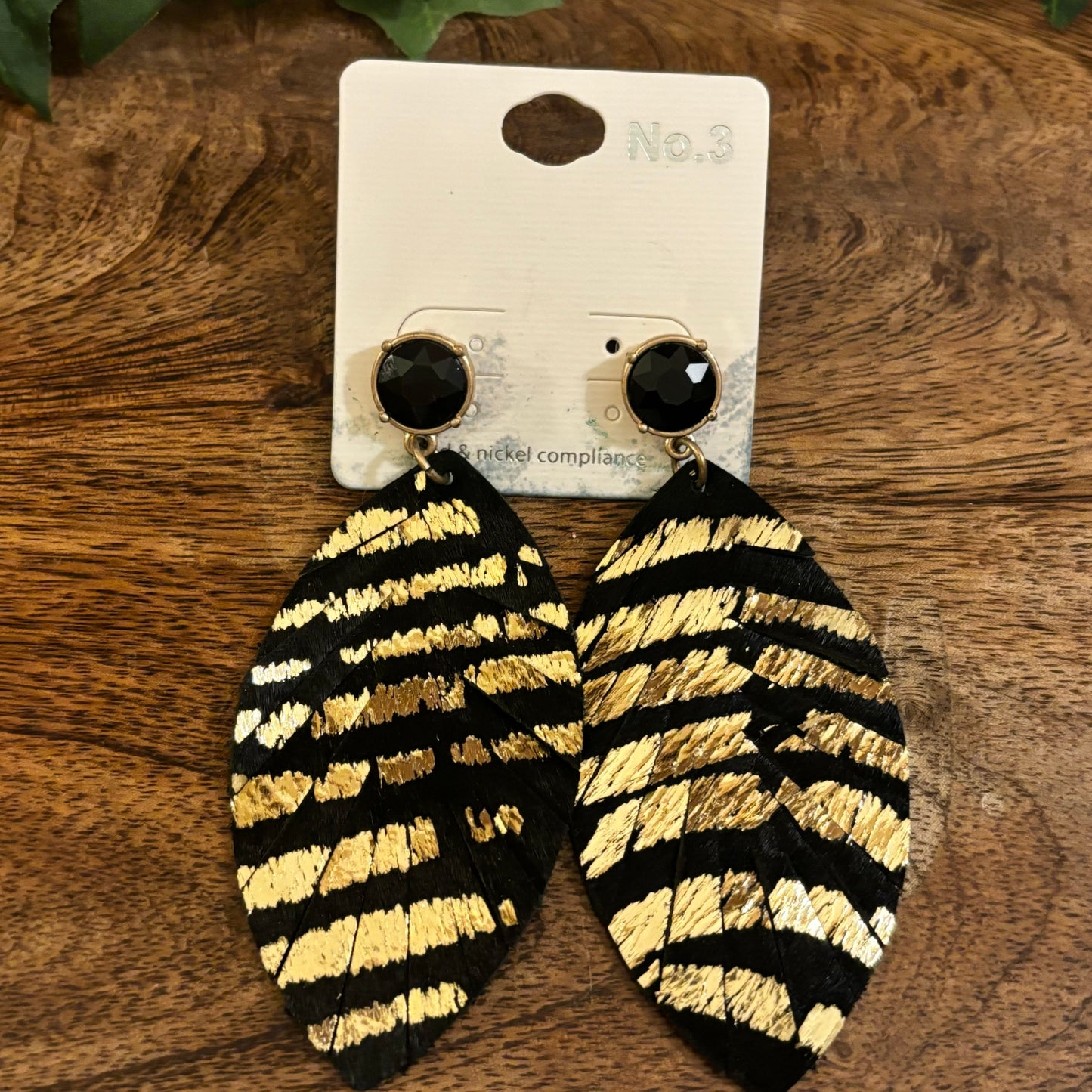 Black and Gold Post Back Earrings 3” Long