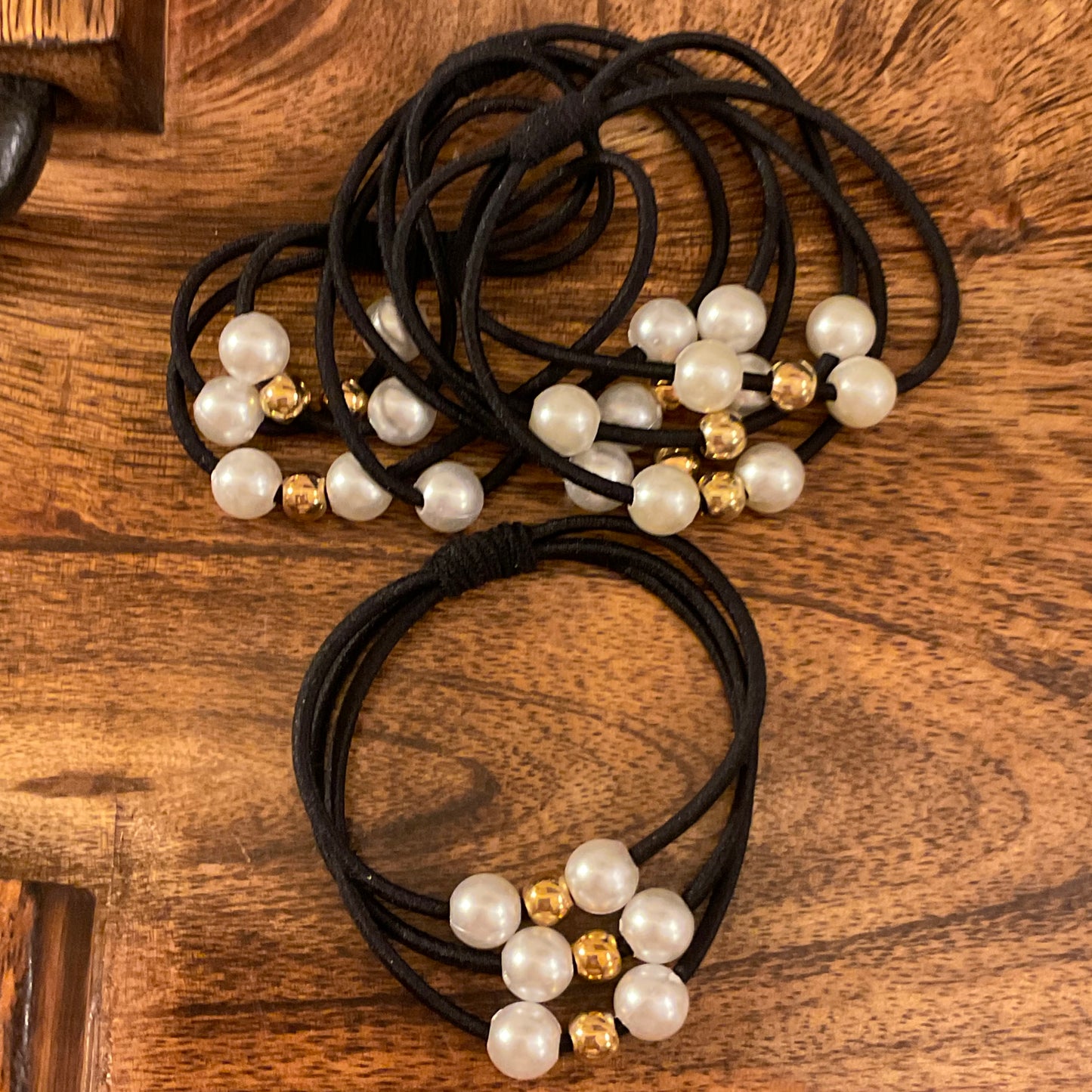 Boxed Ponytail Holder Set With Pearl and Gold Bead Accent