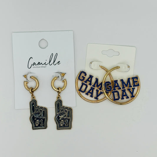 GameDay: Navy Blue Foam Finger Post Style Hoop Drop Earrings or Game Day Hoops