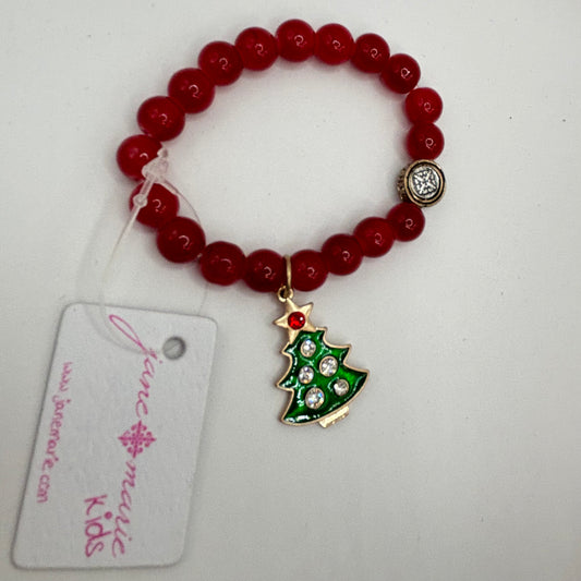 Jane Marie Kids Red Beaded Bracelet With Christmas Tree Dangle Charm