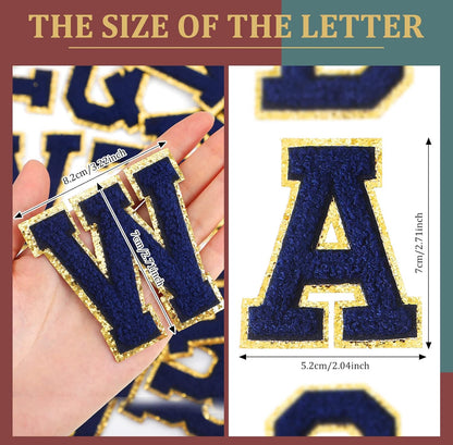 Chenille Iron On Letter Patch Navy Trimmed in Gold