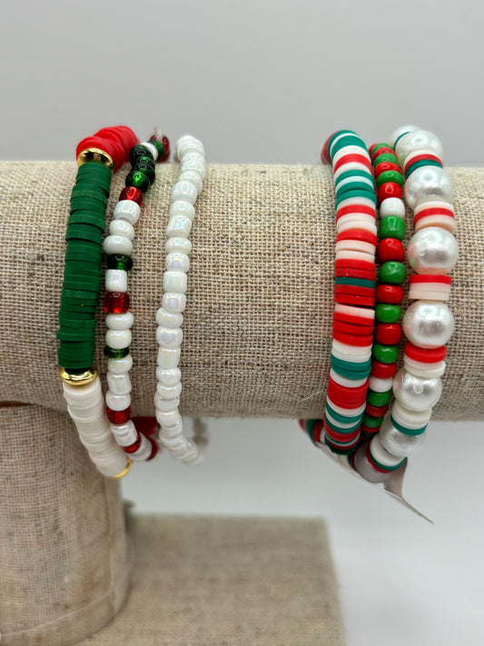 Christmas Heishi Bead and Pearl Bracelet Set