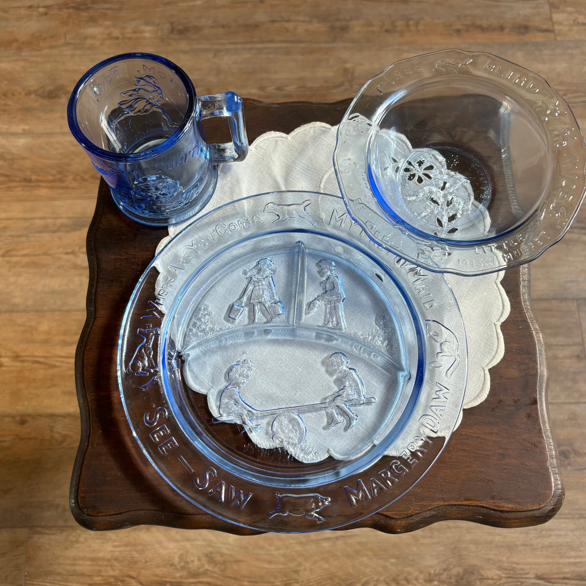 Indiana Glass Tiara Nursery Rhymes Blue Glass Children's Dinnerware - Mug, Cereal Bowl And Three Compartment Plate