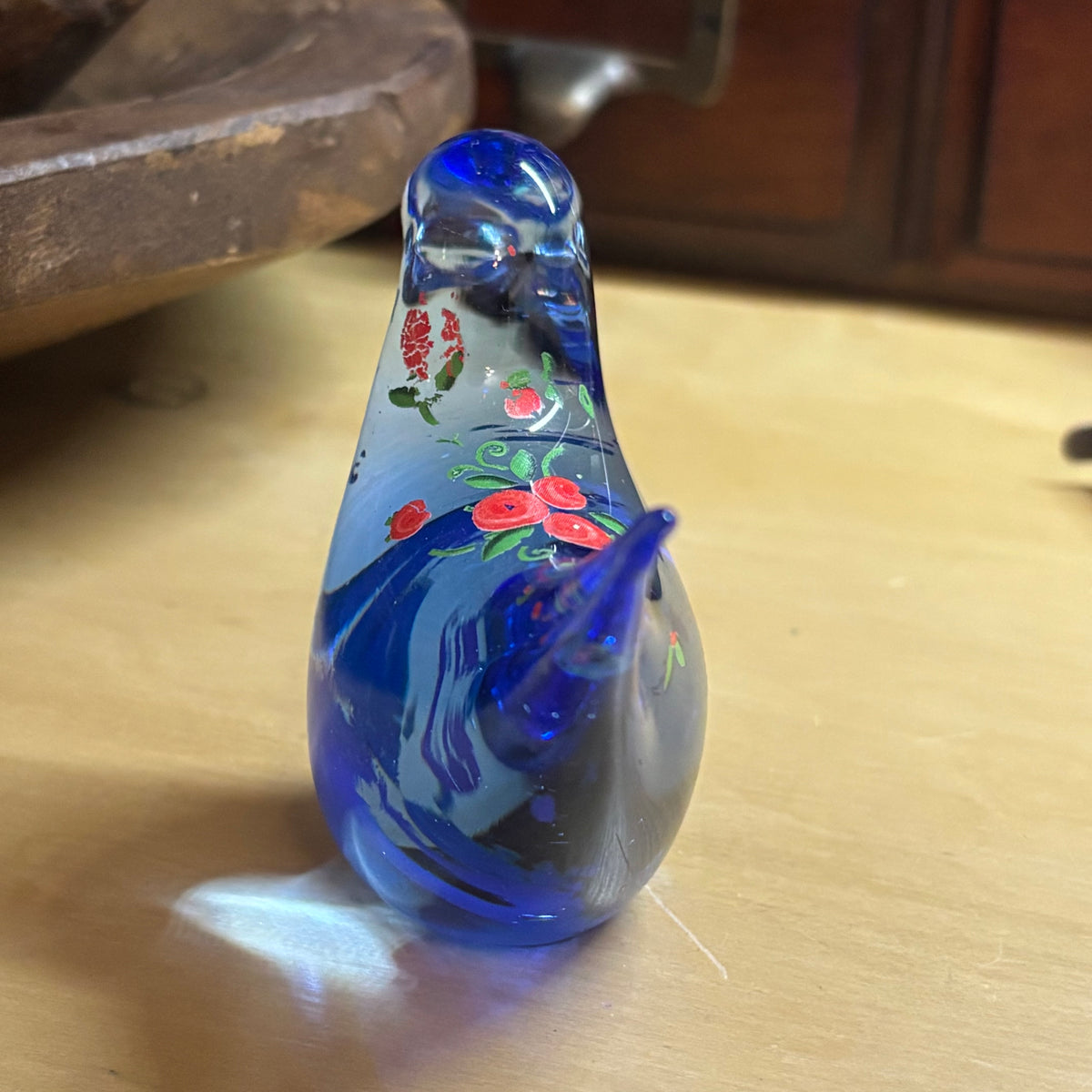 Glass Bluebird with Hand Painted Flowers Paperweight