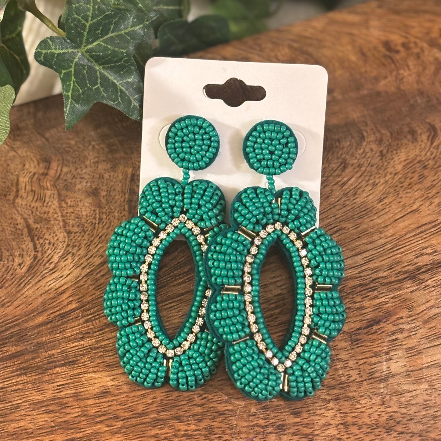 Green Statement Seed Bead Post Back Earrings