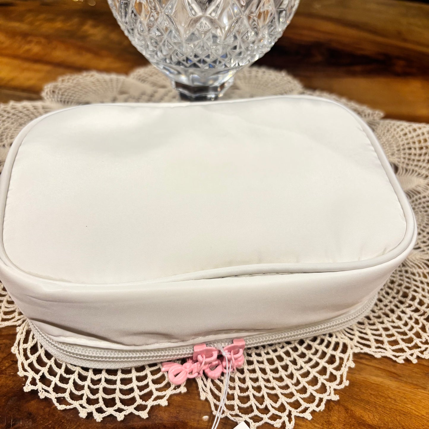 Cosmetic Bag Featuring Embroidered Pink Bow