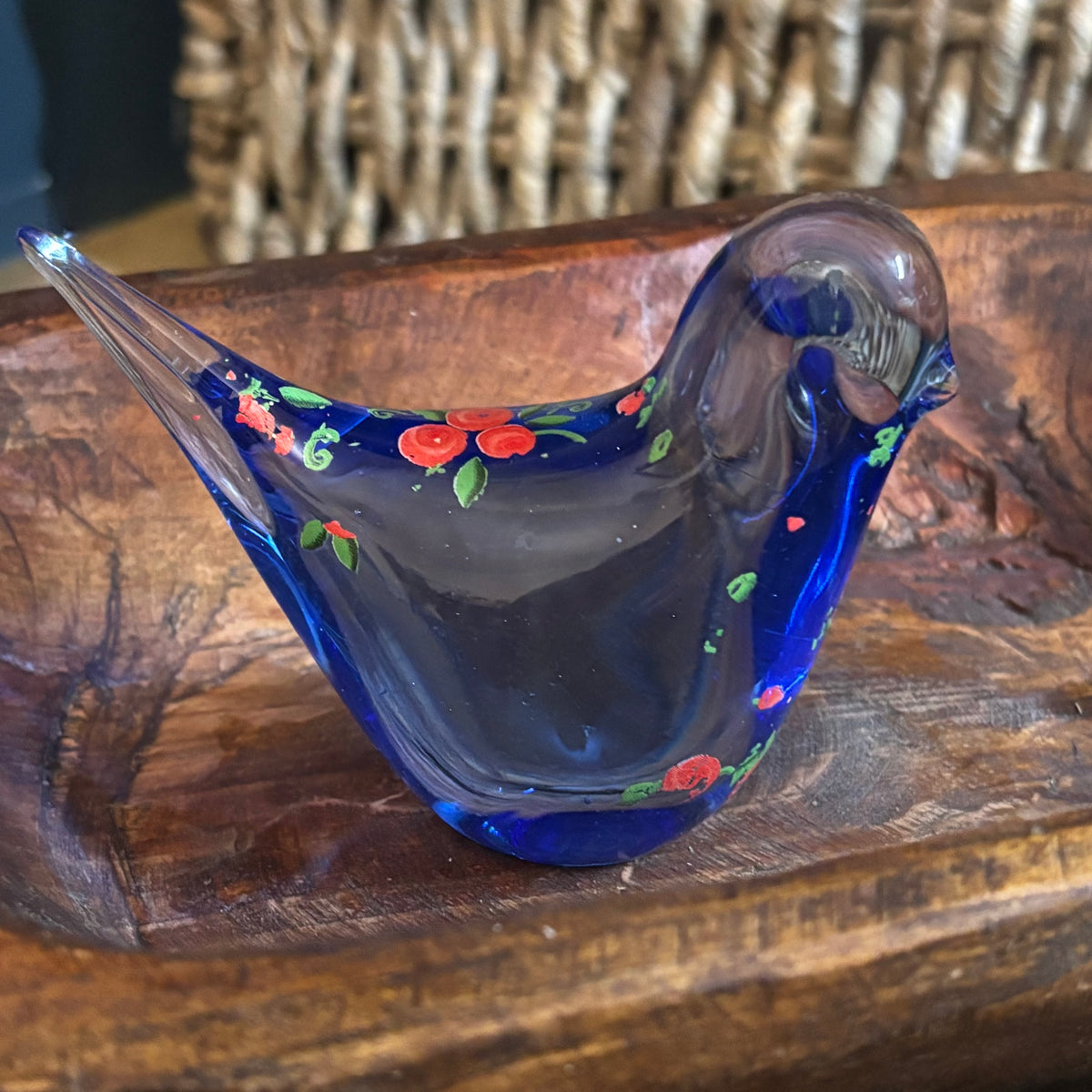 Glass Bluebird with Hand Painted Flowers Paperweight