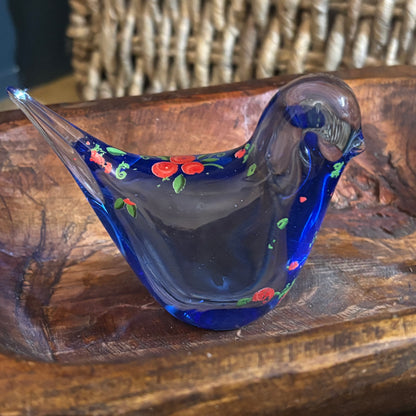 Glass Bluebird with Hand Painted Flowers Paperweight