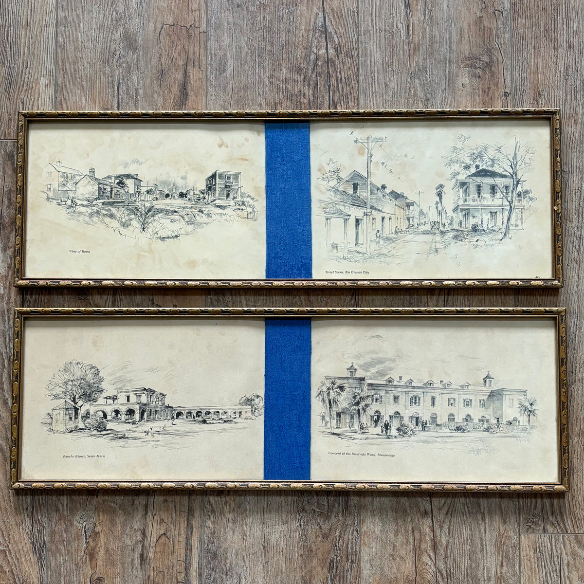 Pair of Framed Panoramic Prints Featuring Architectural Sketches of Historic Texas