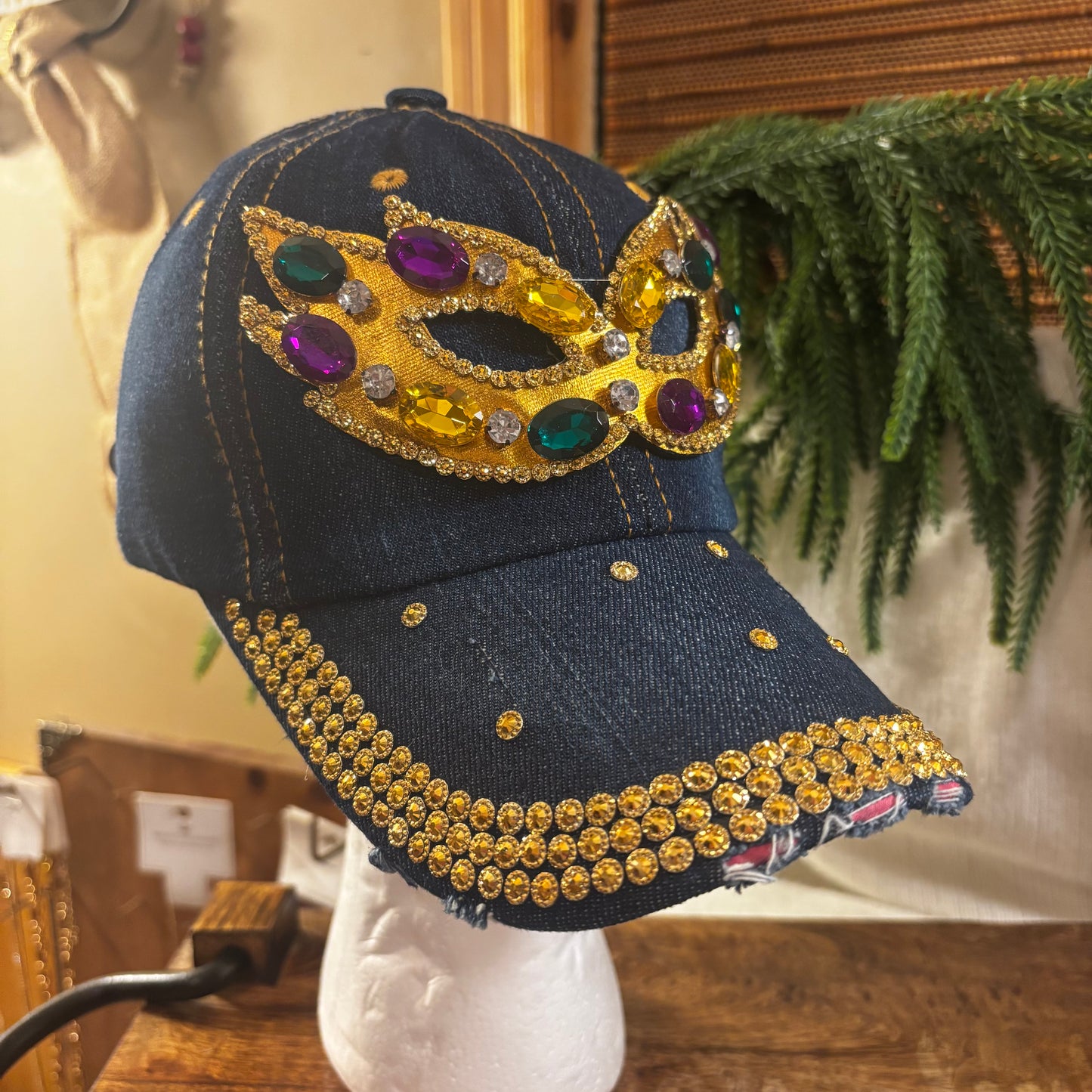 Mardi Gras Denim Hat with Mask and Green, Purple, Gold Stones