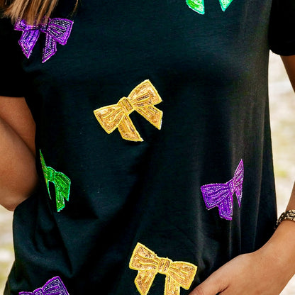 Mardi Gras Sequin Bow Knot Graphic T Short Sleeve Shirt