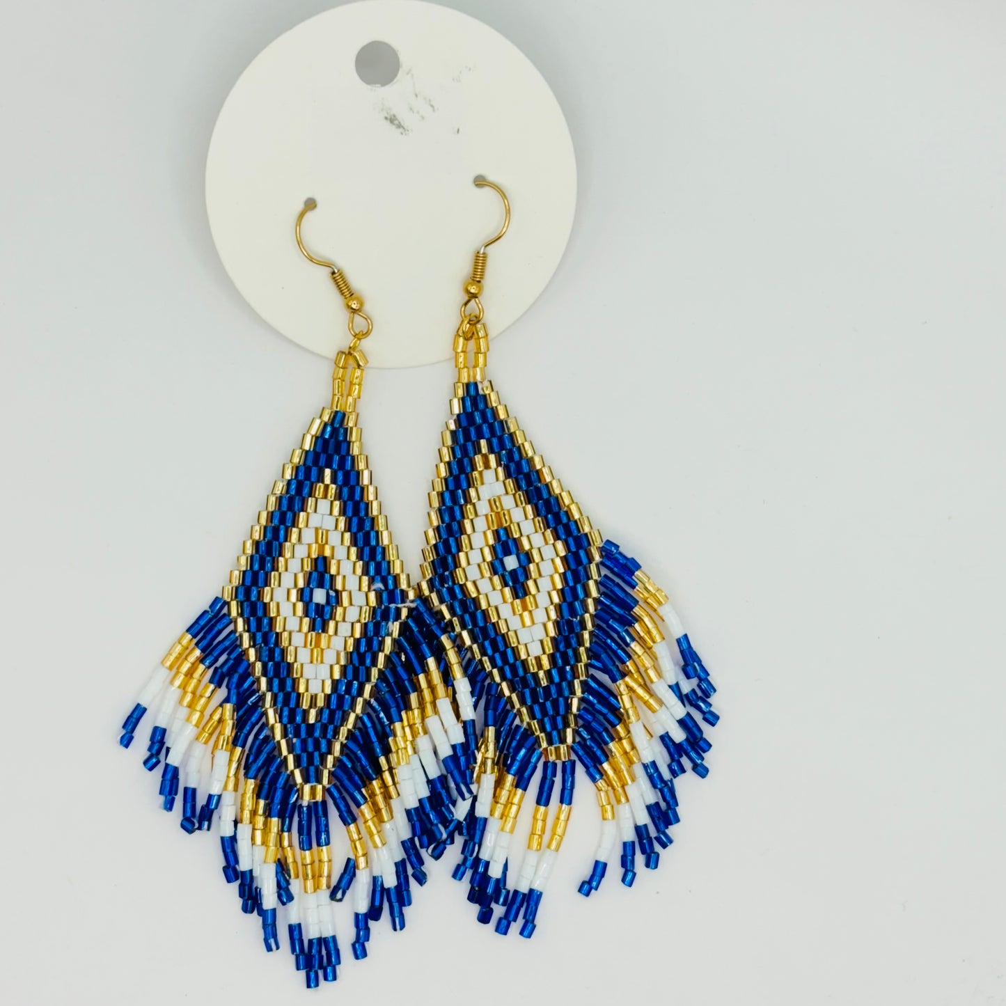 Blue & Gold Seed Bead Fringe Dangle Earrings